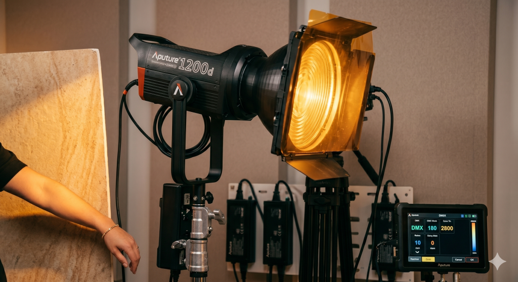 Aputure LS 1200d modified with a Fresnel attachment