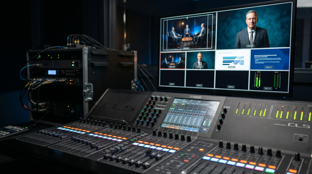 A professional live-streaming control desk in a studio. West London Studio.